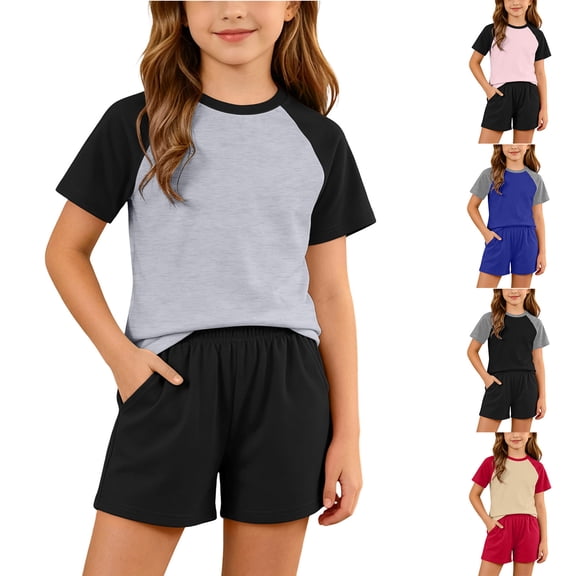 Eltusu Girls Outfit Sets Two Pieces, Crew Neck Elastic Waistband Comfort Short Sleeve Summer Clothes Sets Gray Size 10-12 T