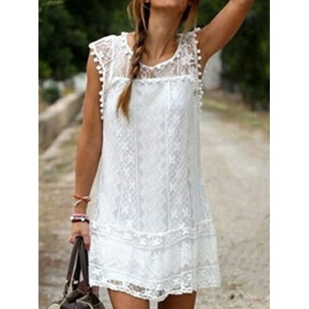 Unomatch - Women Lace Embroided Sleeveless Round Neck Dress White ...