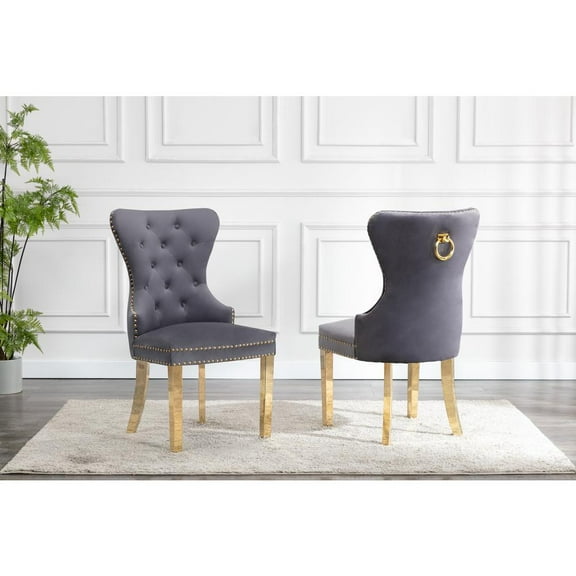 Double Tufted Gray Velvet Side Chairs with Gold Stainless Steel Legs
