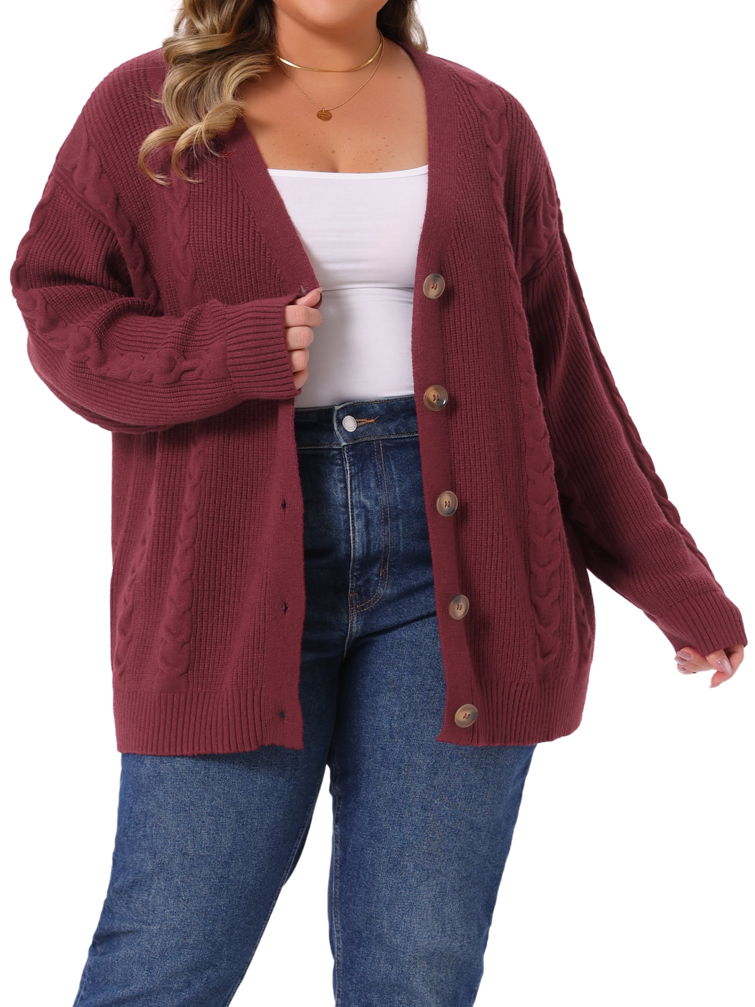 DARING DIVA Women's Plus V Neck Button Down Sweater Oversized Jacket 4X Burgundy