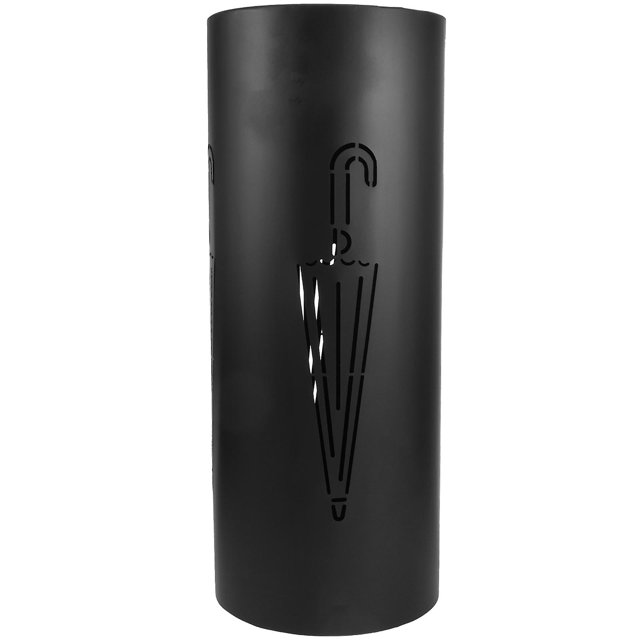 soporte para sombrillas, redondo, de hierro, para puerta, para guardar bastones negro 49 x 19.5 x 19.5 cm, vista frontal centrada de cilindro metálico con recorte en forma de paraguas, acabado mate, base interior para retener agua y almacenamiento vertical para varios paraguas; también apto para bastones o revistas en entrada o pasillo.
