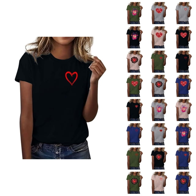 T-shirts de la Saint-Valentin pour Femmes 2026 à Manches Courtes Col Rond avec Cœur Graphique