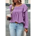 thumbnail image 4 of Solid Round Neck Ruffle Shoulder Crochet Detail Blouse for Women Purple Medium, 4 of 5