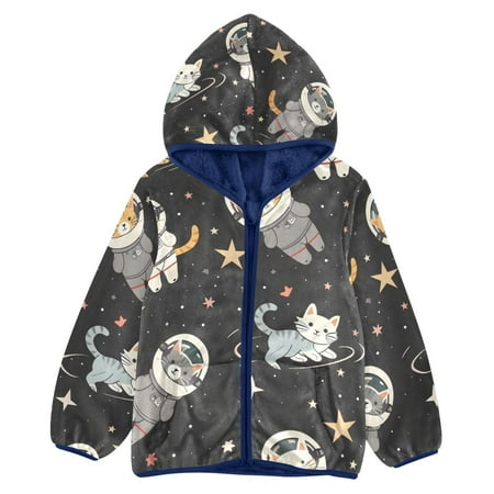 ALAZA Toddler Polar Fleece Jacket Cats on Space Kids Hooded Warm Coats Outerwear 5T