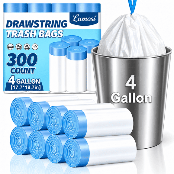 Lamosi 4 Gallon Drawstring Trash Bags 300 Count, Small Garbage Bags for Bathroom, Office, Bedroom & Kitchen