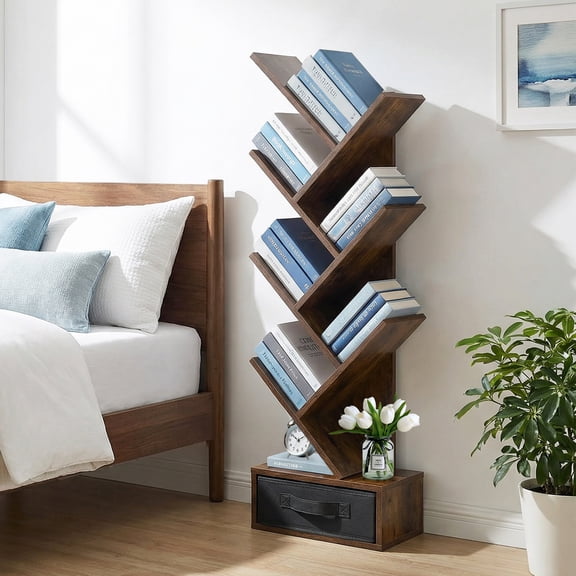 7 Tier Tree Bookshelf, Sturdy Bookcase with Storage Drawer Cabinet, Book Organizer Shelves for Home Office