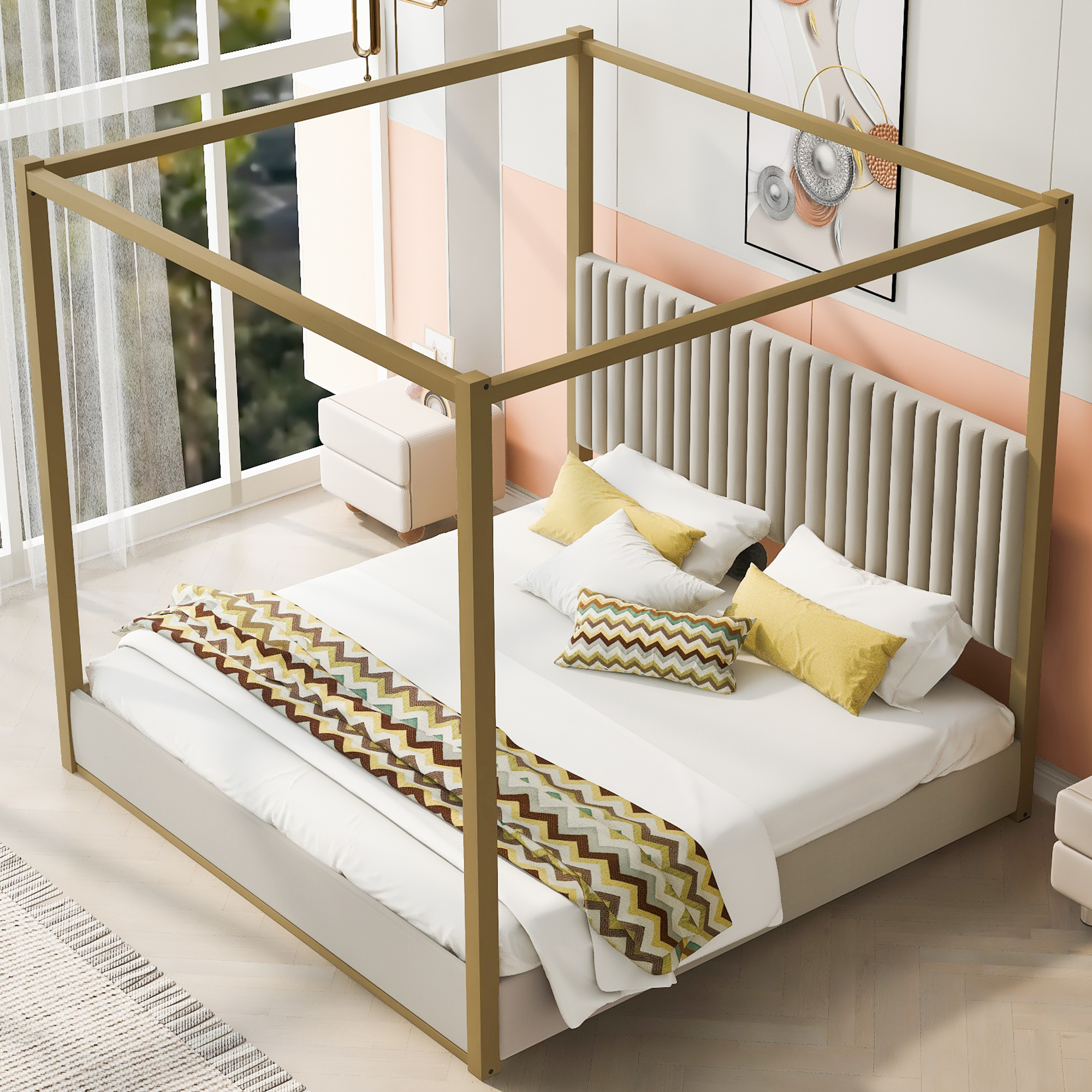 Euroco King Size Canopy Bed with Metal Frame and Upholstery Headboard, Beige