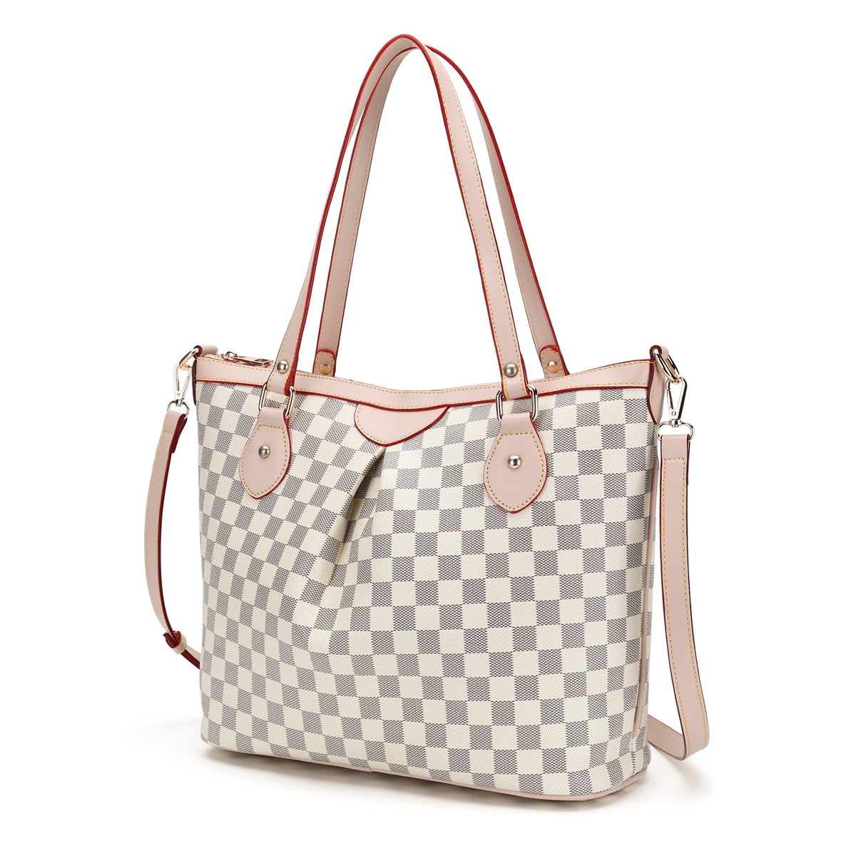 TWENTY FOUR Checkered Tote Shoulder Bag Women Crossbody Travel Satchel - PU  Vegan Leather (White Checkered) 