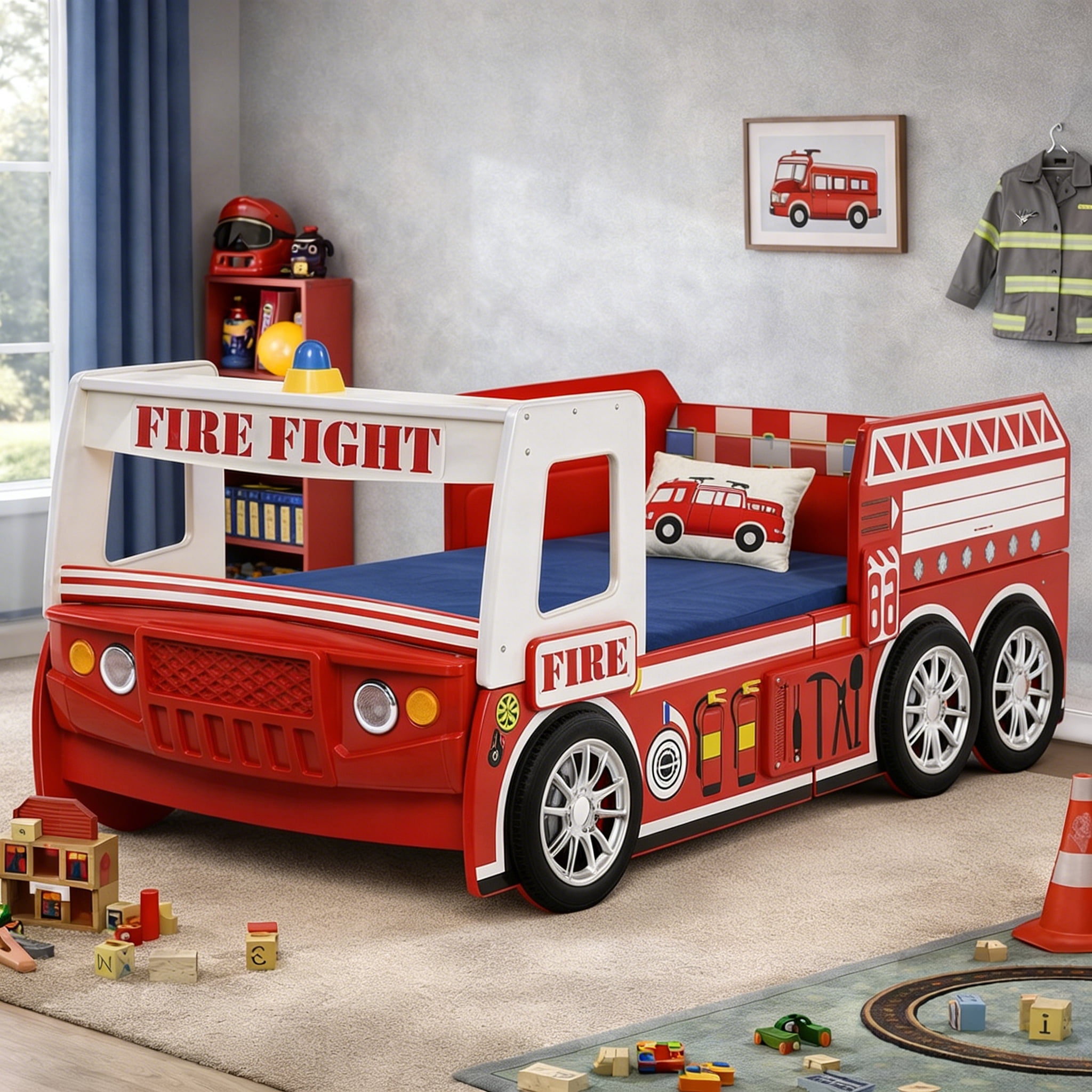 HICOMILA Twin Size Car Bed, Fire Truck Bed, Firefighter Beds, Boys Twin Car Beds, Red LED Headlights & Guardrails for Play & Sleep