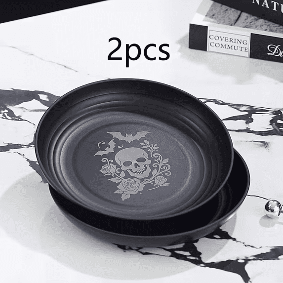 2 Pack Halloween Plastic Dinner Plates, Skull Rose Bat Pattern Decorative Plates for Halloween Party`