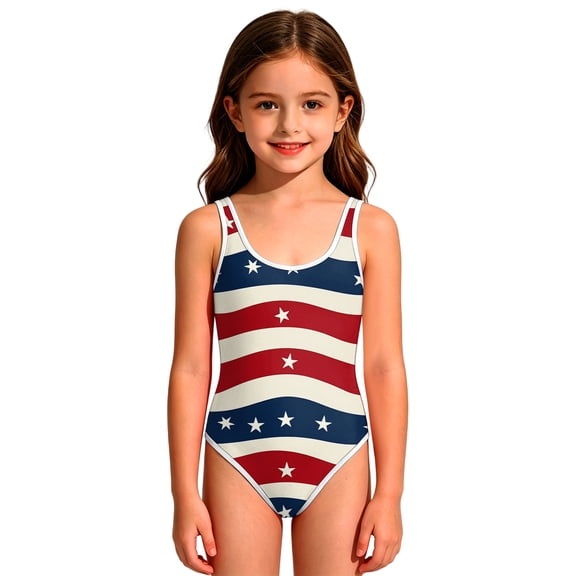 Grbisyd July 4th Celebration Girls Swimsuit One Piece Bathing Suit with Crew Neck Quick Dry Patriotic Swimming Suits Independence Day Swimwear 1-10 Years