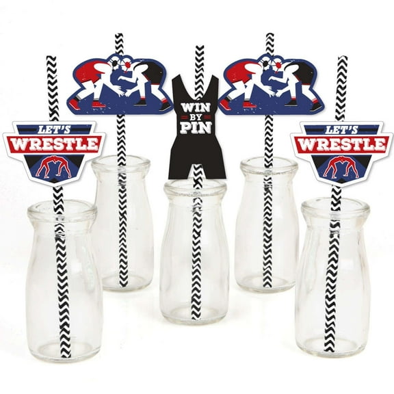 Big Dot of Happiness Own the Mat - Wrestling - Paper Straw Decor - Birthday Party or Wrestler Party Striped Decorative Straws - Set of 24