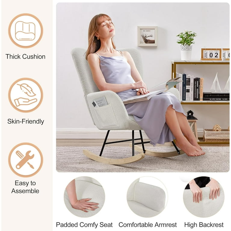 VECELO Nursery Rocking Chair Teddy Fabric Upholstered Glider Rocker with High Backrest Modern Rocking Accent Chairs Comfy Side Chair for Nursery Bedroom Living Room White Walmart