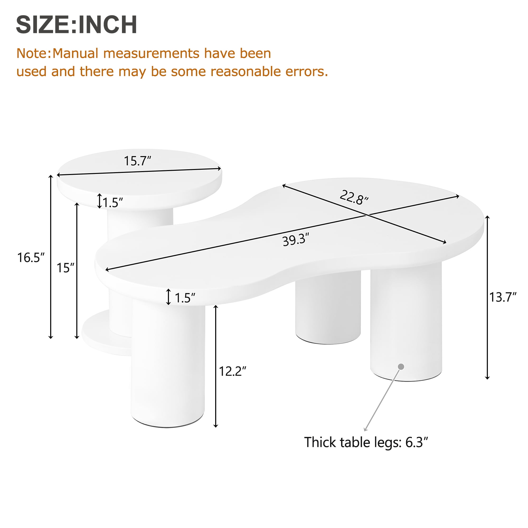 MAYEERTY Easy Assembly Nesting Coffee Table Set of 2, Cream Cloud Coffee Table & Round Side Table, Irregular Modern Center Table with Thick Legs for Living Room, White, 39.3" x 13.7", 15.7"
