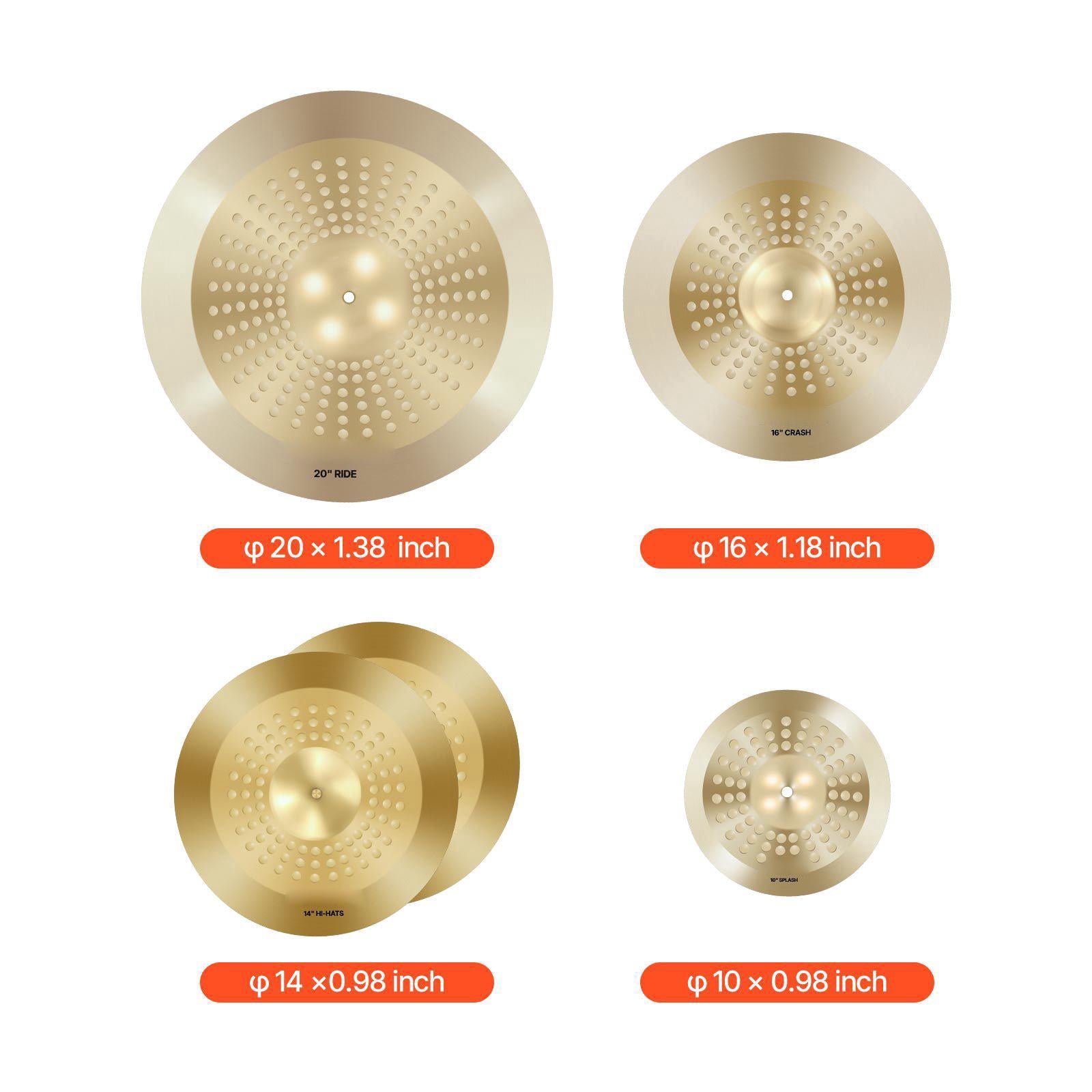 4 Piece Alloy Cymbal Pack for Drum Set Includes 14 Inch Hi Hats 16 Inch Crash 20 Inch Ride 10 Inch Splash with Drumsticks and Cymbal Bag