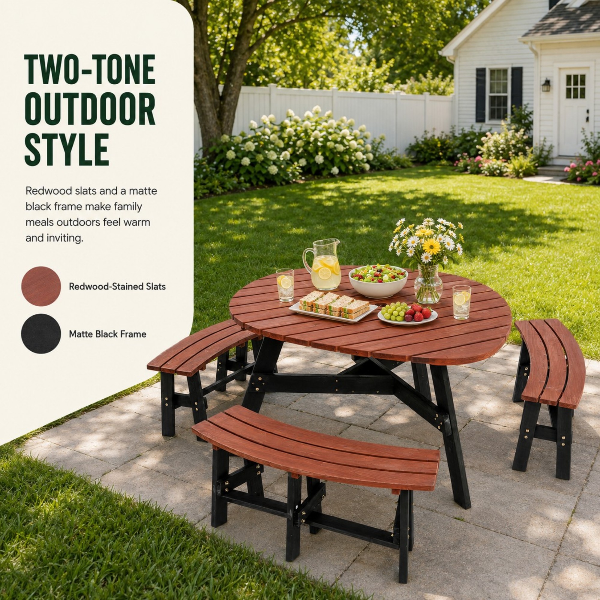 DEALTOPS 6-Person Solid Wood Triangular Picnic Table Set with 3 Benches & Umbrella Hole, Brown & Black