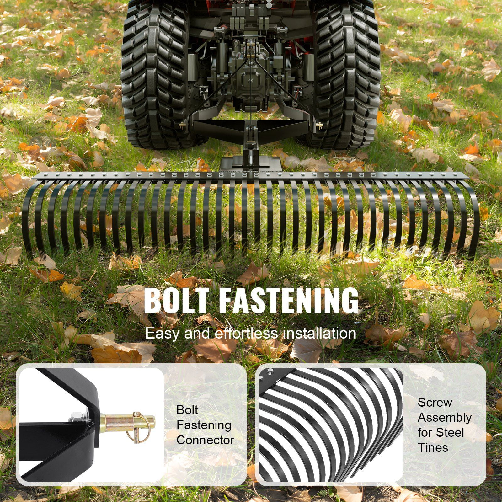 Wide 72-inch Tow Behind Dethatcher Rake, 3-Point Hitch Tractor Attachment with 36 Steel Tines for Grass & Soil