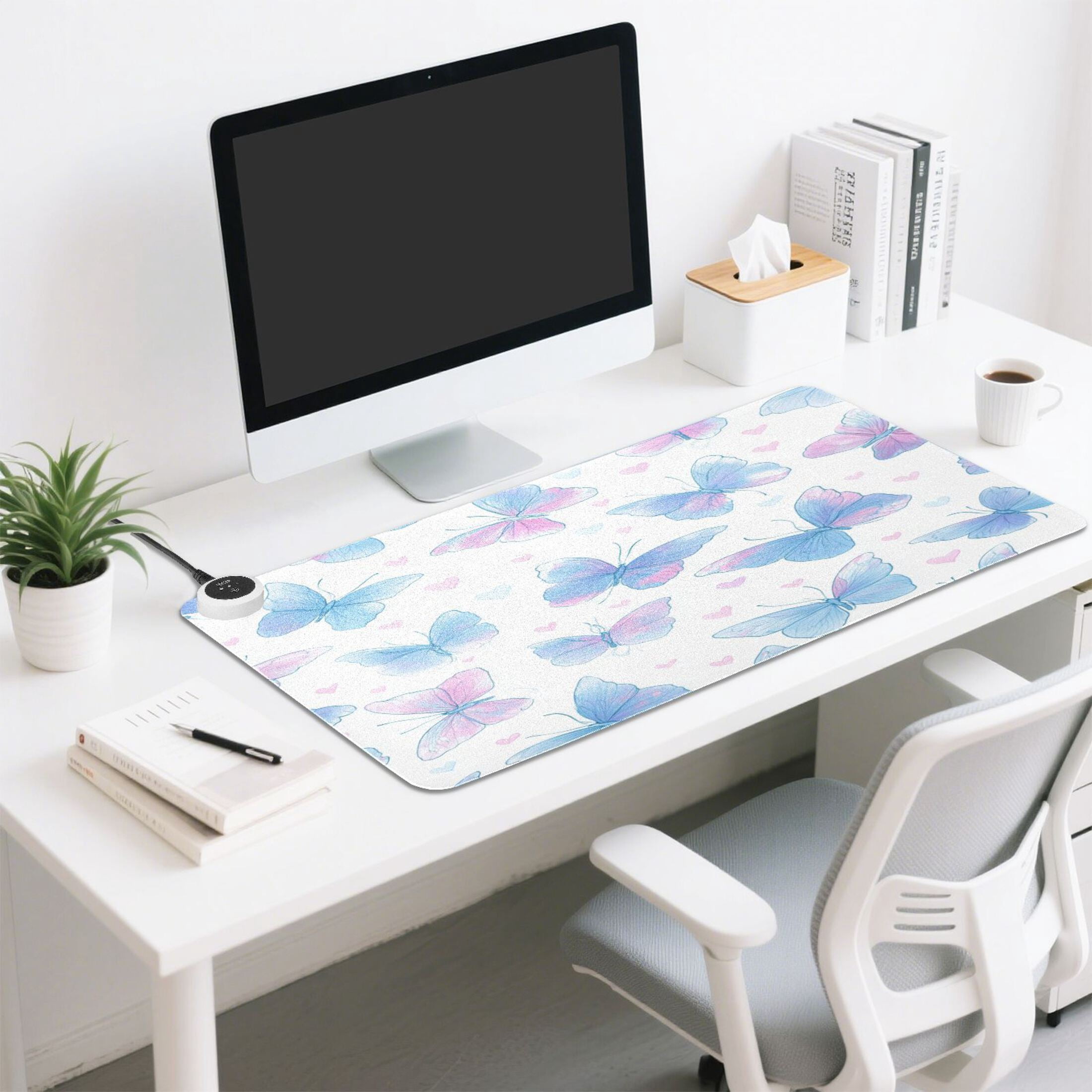 Large Heated Desk Mat Mouse Pad 31.5"x13"PU Leather Graphene Heating Desk Warmer with 3 Temperature Settings 110V US Plug Non-Slip Warm Pad for Home, Office, and Gaming Sweet Heart Butterfly Print