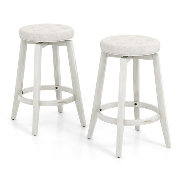 Costway 26" Swivel Bar Stool Set of 2 Upholstered Counter Height Rubber Wood Frame Beige