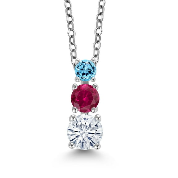 Gem Stone King White Moissanite Red Created Ruby Swiss Blue Topaz 3 Stone Pendant Necklace for Women (0.90 cttw, Gemstone Birthstone, Round 5MM, 4MM and 3MM, with 18 inch Chain)