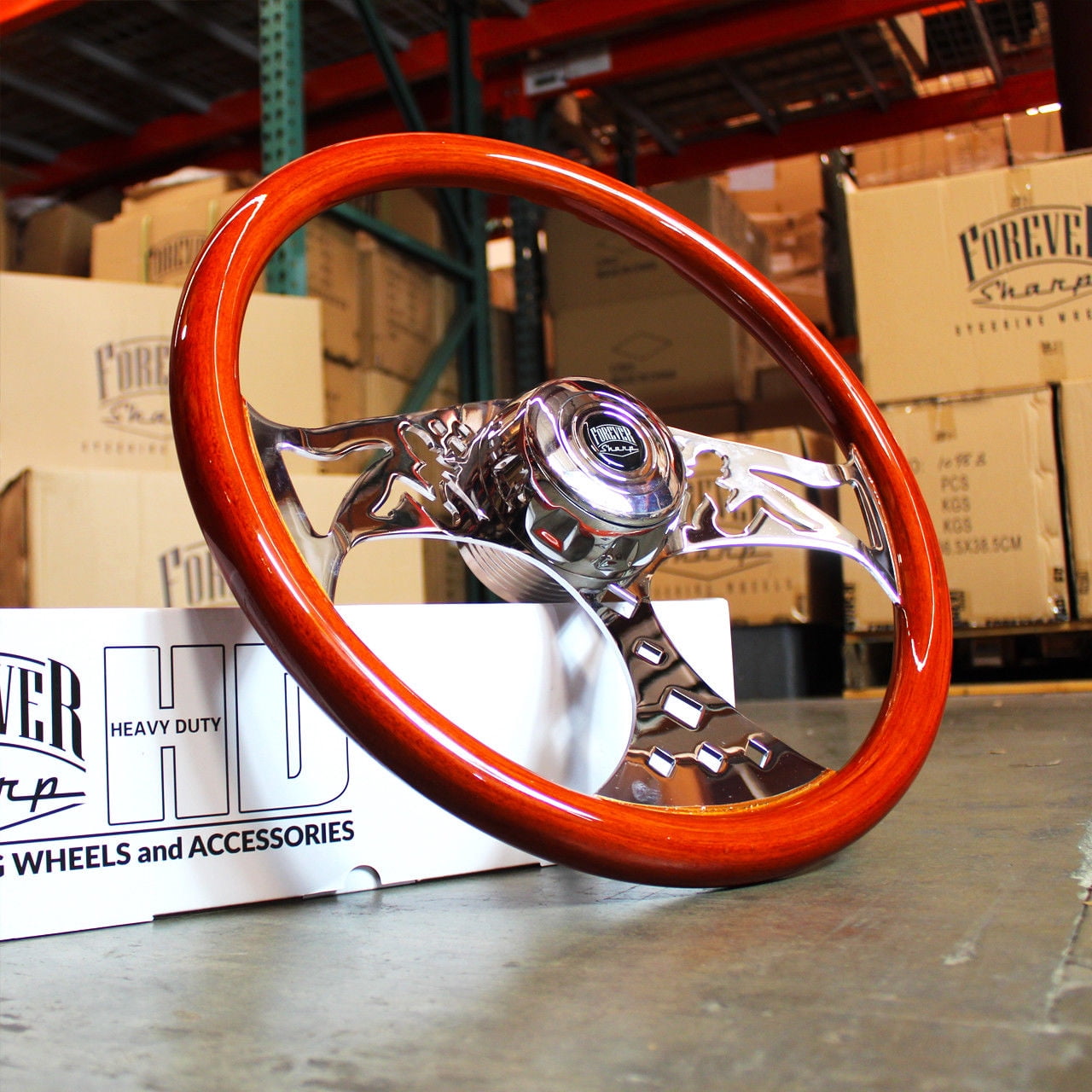 18" Chrome Steering Wheel Wood 3 Spoke Freightliner, Kenworth