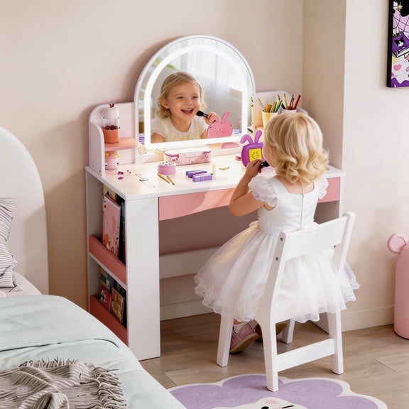 Haewon 27.5" Kids White Vanity with Lighted Mirror & Charging Station, Kids Vanity Table and Chair Set with Storage Cabinet & Drawers, Vanity for Kids, White