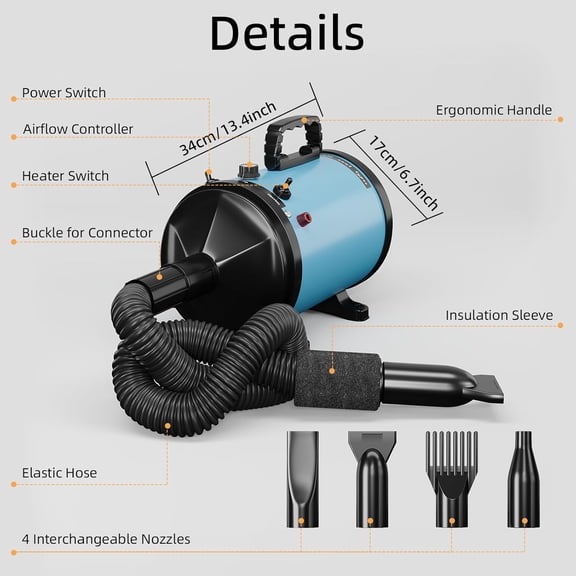 High Velocity Professional Pet Grooming Dryer with Adjustable Speed and Temperature, 4 Nozzles, Bonus Dog Bath & Shampoo Brushes, Blue