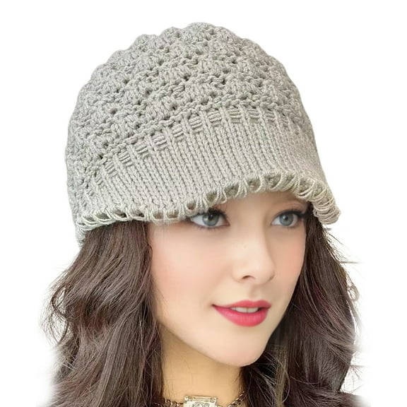 Grofry Winter Knit Hat with Visor Brim Warm Cap Women Slouchy Snow Cap