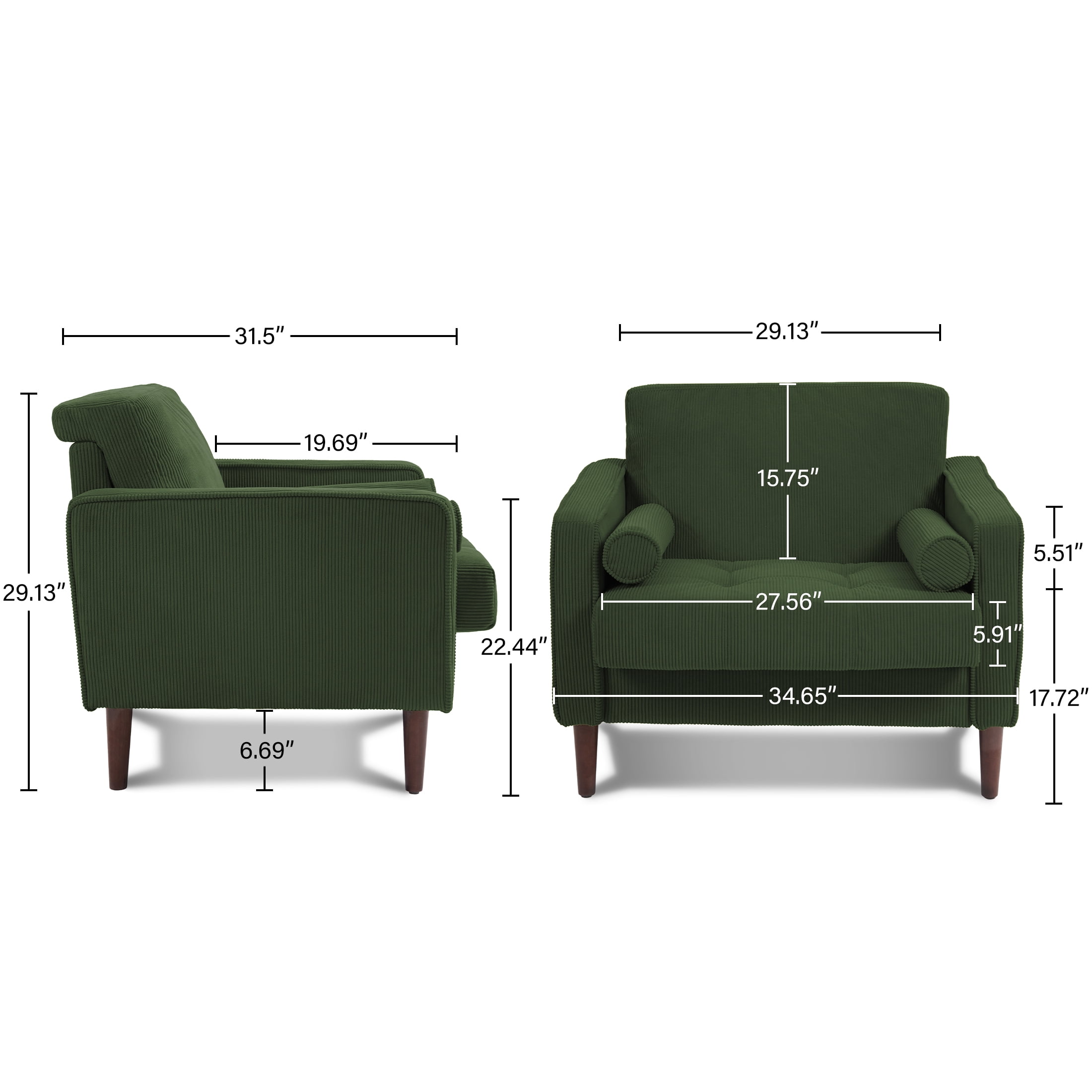 DREAMSIDEA Modern Upholstered Corduroy Accent Chairs Comfy Armchair Reading Chair with Pillows for Living Room Bedroom Reading Room,Green