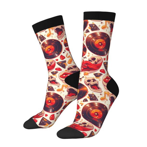 Fotbe Skull rock record music heart Calcetas Largas con Estampado para Hombre y Mujer – Calcetas de Compresión Transpirables y Elásticas, Viajar y Uso Diario Talla 5-11