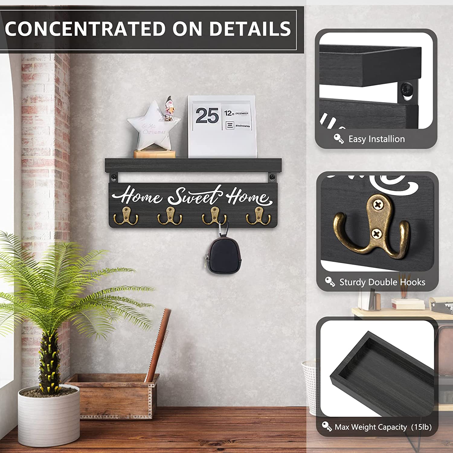 Key Holder for Wall, Dinosam Mail Organizer Wall Mount with Double 4 Key Hook and Mail Holder, Designer Key Rack Suitable for Entryway, Hallway, Bedroom, Living Room and Office，Black