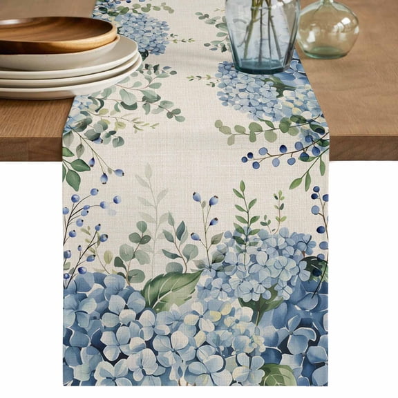 Table Runner Blue Hydrangeas Leaves Soft Linen Style Table Runner Cloth Floral Retro Dining Table Decor for Kitchen, Dining Room, Parties, Holiday & Everyday Use 13x72 Inch
