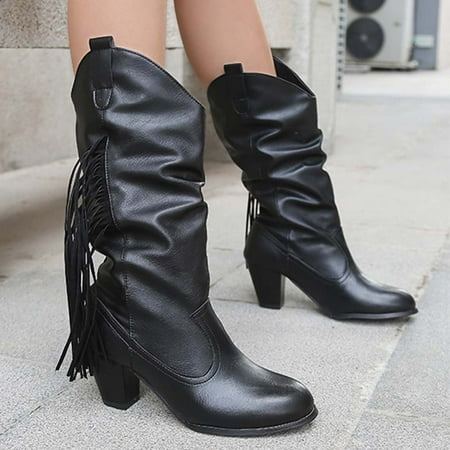

Juebong Christmas Gifts Autumn Winter Cowgirl Cowboy Boots For Women Tassel Thick Heel High-Heel Pointed Toe Overshoes Western Boots