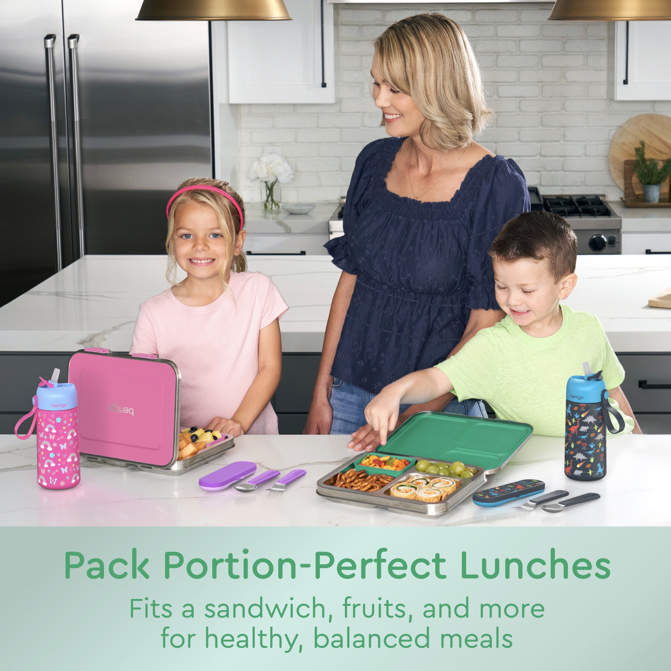 Bentgo Kids Stainless Steel Leak-Resistant Lunch Box - 3-Compartments with Bonus Silicone Container, Durable, Eco-Friendly, Dishwasher Safe, BPA-Free, Ideal for School, Ages 3+ (Green)
