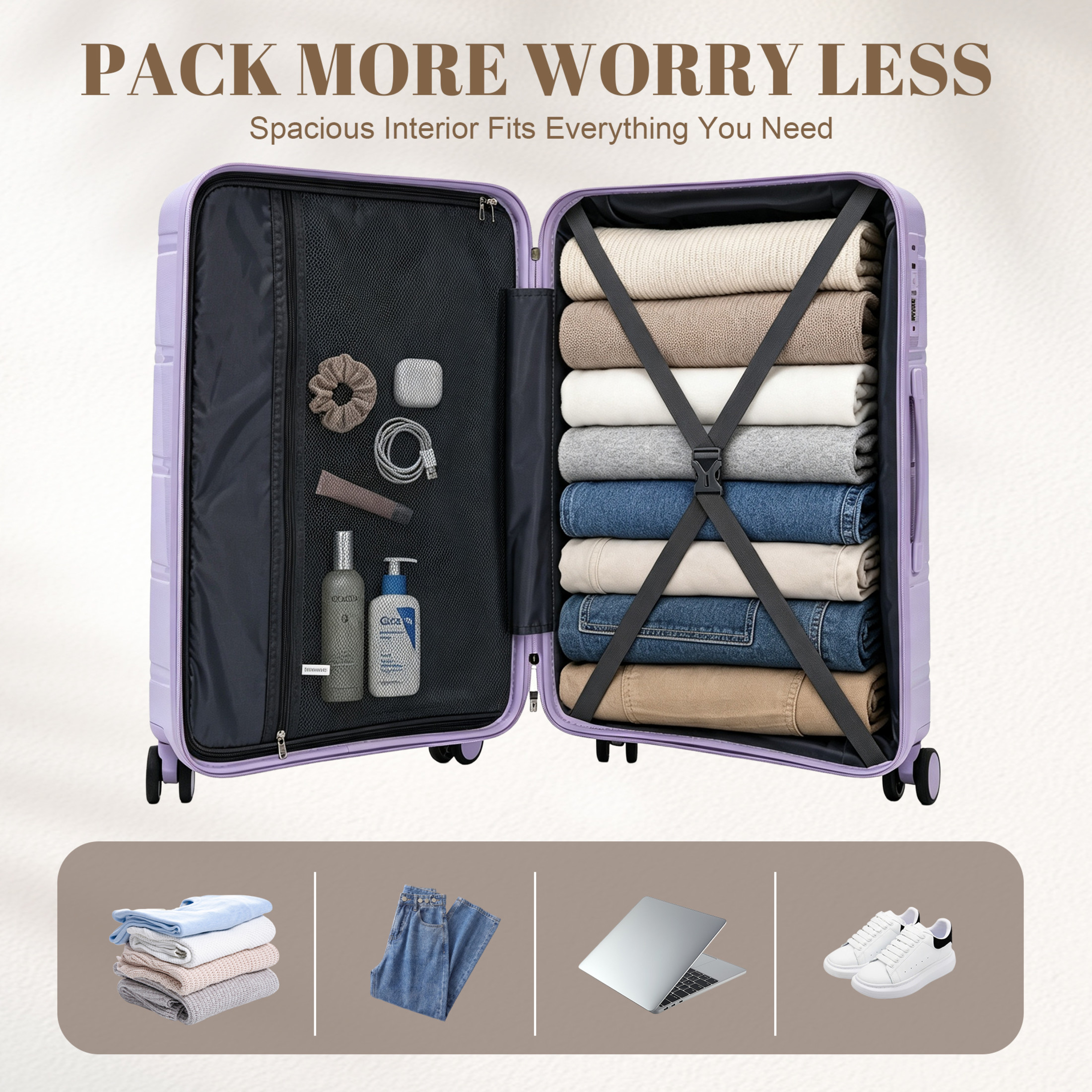 GDF Studio 3-Piece 20"/24"/28" PP Hardshell Travel Luggage Set with Spinner Wheels & Combination Lock, Purple