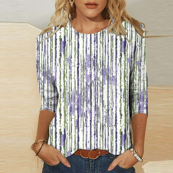 Odbmxy Womens Plus Size Tee Shirts Fall 3/4 Sleeve Womens Shirts Casual Business Striped Loose Classy Bottoming Tops,Purple 4XL