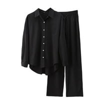 SWSMCLT Women's Long Sleeve Suits Holiday Chic Cozy Fall Long Sleeve Top With Pants Set 2 Piece Outfit Seersucker Black 16