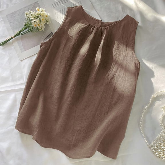 BLCHUNen Linen Tank Tops for Women Chest Pleated Sleeveless Crew Neck Casual Lightweight Loose Summer Beach Shirts