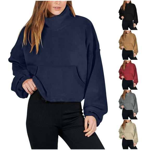 qolati 2024 Fall Sweatshirts for Women Shaker Cozy Long Sleeve Cropped Pullover Sweater Casual Stand Collar Fuzzy Fleece Blouse Tops with Pockets