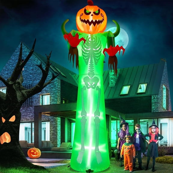 Kalolary 12FT Halloween Inflatable with LED Lights – Giant Pumpkin & Skeleton Outdoor Decoration for Yard, Lawn, Home, & Party – Scary Blow-Up Halloween Holiday Decor