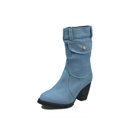 

Kesitin Ladies Comfort Heeled Winter Shoes Work Mid-Calf Boot Breathable Block Heel Boots Light Blue 4.5