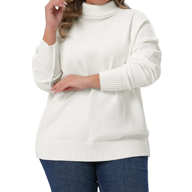 Suéter de Talla Grande para Mujeres Agnes Orinda, Cuello Alto, Manga Larga, Casual, Pullover, Tejido, Tallas 1X, Blanco