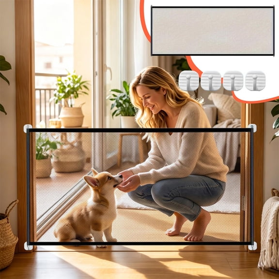 Pet Barrier, No Drill Net Partition with 4 White Adhesive Hooks for Stairwell Indoor Separation 180x72cm Pet Fence