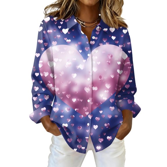 Kixjoy Collared Shirts for Women Long Sleeve Casual V Neck Tops Valentine Button Down Cozy Shirt Summer Trendy Business Outfits for Women, Blue 3XL