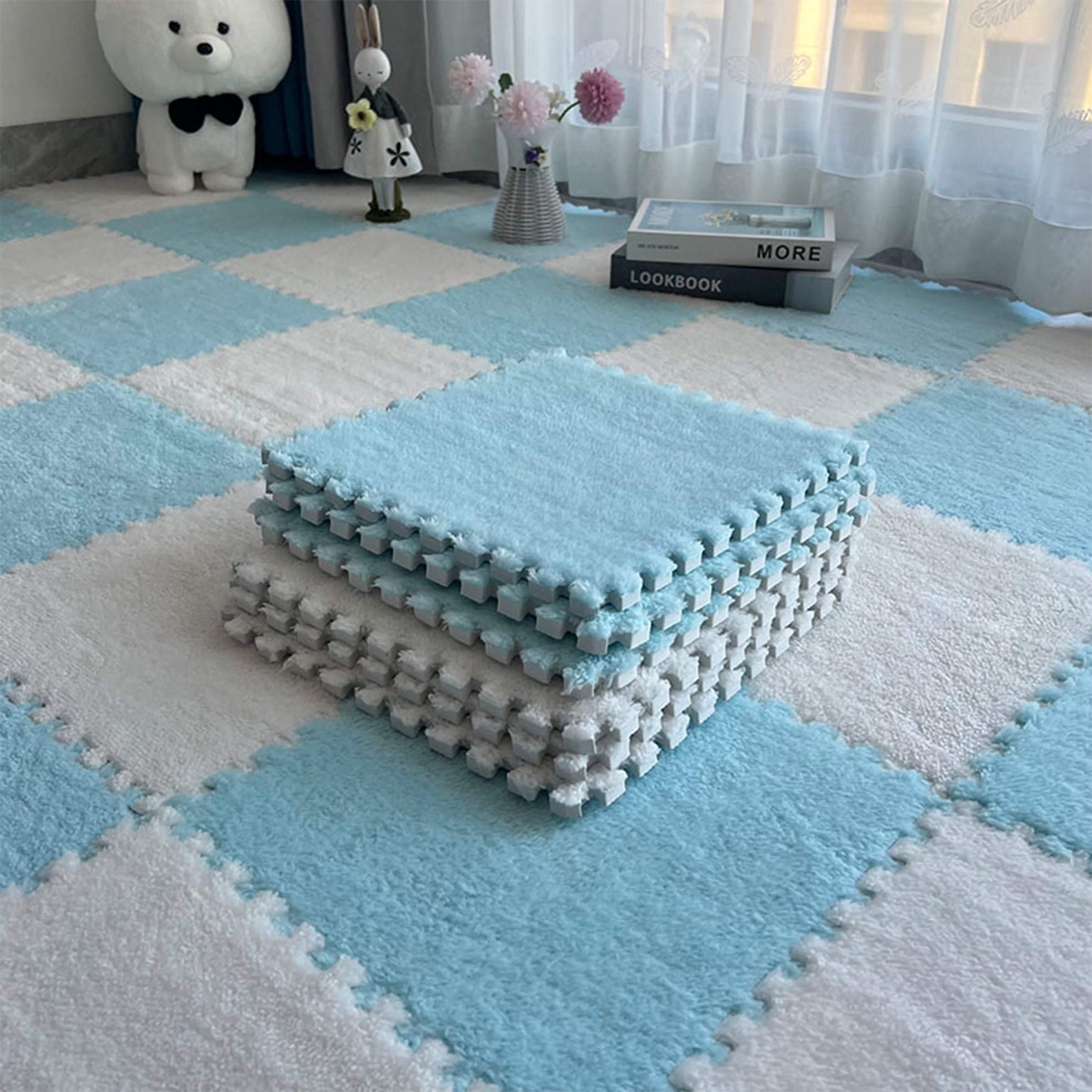 Interlocking Carpet Shaggy Soft EVA Foam Mats Fluffy Square Thickened Plush Tiles Protective Floor Tiles Exercise Play Mat for Children Kids Room Home Parlor Bedroom (Sky Blue, 12 Pcs)