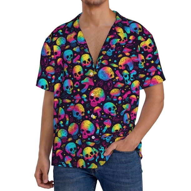 Balery Skull rainbow color mushroom Camisa Casual de Manga Corta con Botones para Hombre, Texturizada, Estilo Cubano, para Playa, Verano-Large