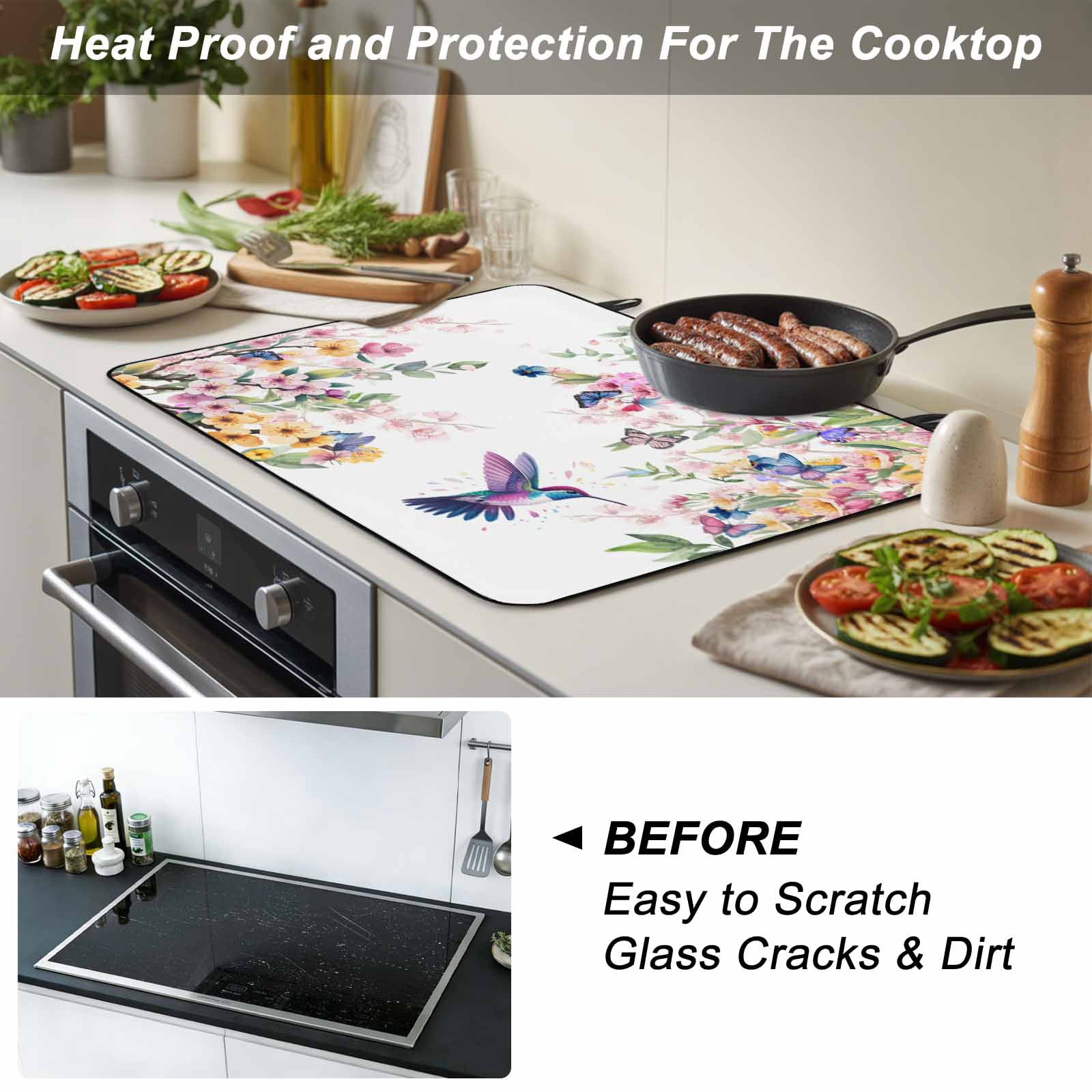 Botanical Flowers Stove Top Cover for Electric Stove, Heat-proof & Non Slip Glass Top Stove Cover Protector, Watercolor Floral Bird Butterfly Kitchen Flat Cooktop Rubber Mat 24x21 Inches