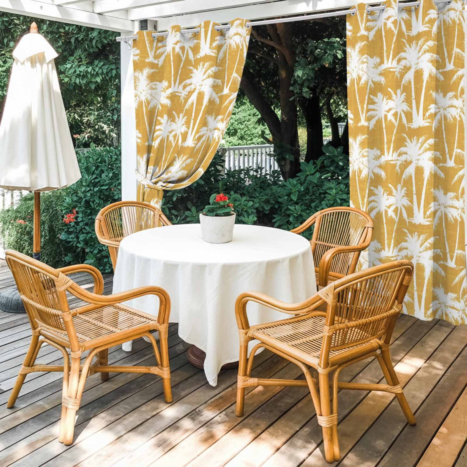 Yellow Palm Tree Outdoor Curtains for Patio, Summer Tropical Country Vintage Silver Tree Leaf Sunshade Privacy Drapes Grommet Waterproof Outside Curtains for Porch/Cabana/Balcony 54"x 108", 1 Panel
