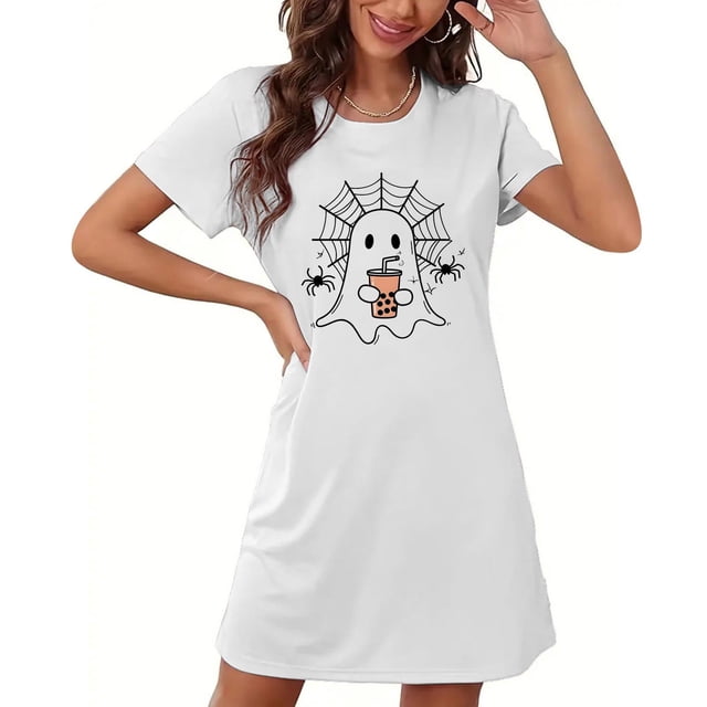 Taylonsss Chemise de Nuit Courte Grande Taille pour Femmes Halloween Imprimé Poitrine Col Rond Manches Courtes Saison Effrayant