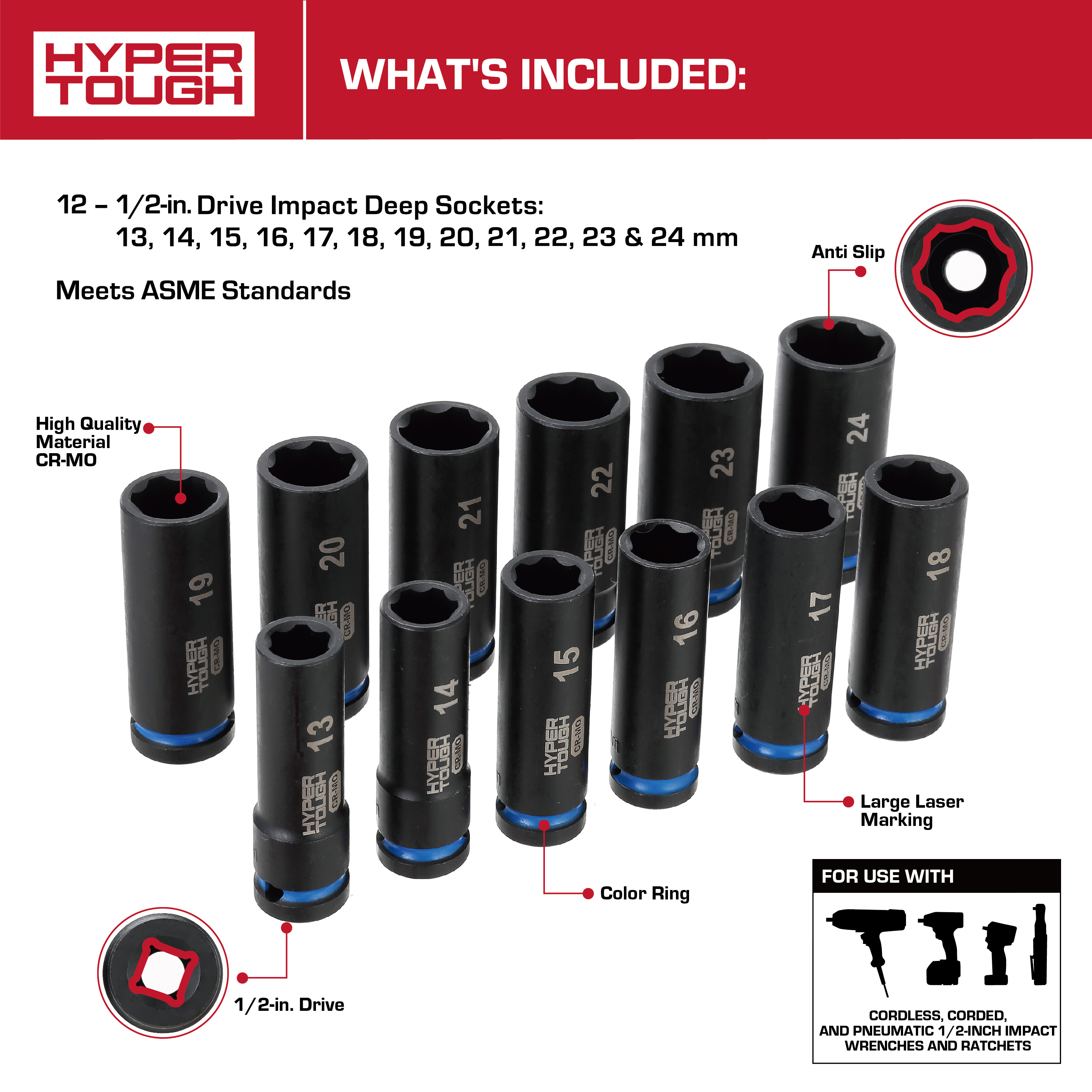 Juego de dados de impacto profundos Hyper Tough de 1/2 pulg., métrico, 12 piezas 2